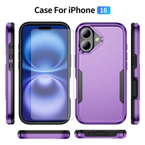 Compatible with iPhone 16 Plus 6.7 inch Phone Case Tempered Glass Screen Protector Hybrid Rugged Shockproof Hard Protective Drop Proof Full Body Heavy Duty Mobile Cell Cover for i Phone16 i16 Purple