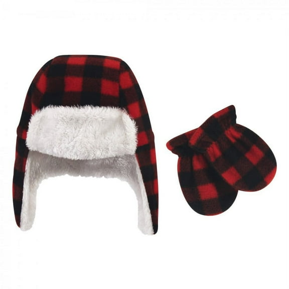 Hudson Baby Infant and Toddler Fleece Trapper Hat and Mitten 2pc Set, Black Red Plaid, 0-6 Months
