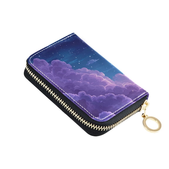 Purple Sky Stars Women's Credit Card Holder PU Leather Zipper Wallet RFID Blocking