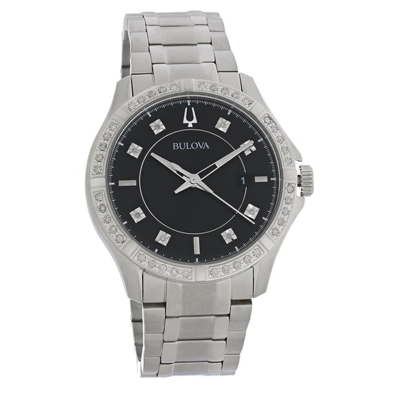 Bulova Men's Diamond Black Dial Stainless Steel Quartz Watch 96E116