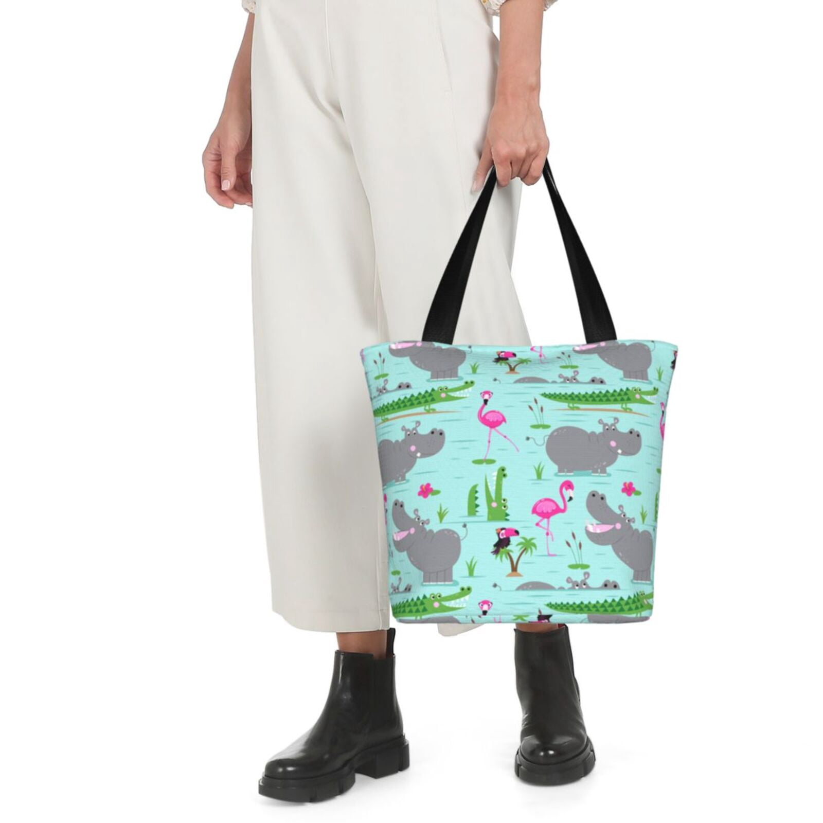 Ratiio Hippo With Flamingos And Crocodiles Print Shoulder Bag for Women, Polyester Crossbody Purse Lightweight Handbag for Daily Travel and Casual Use