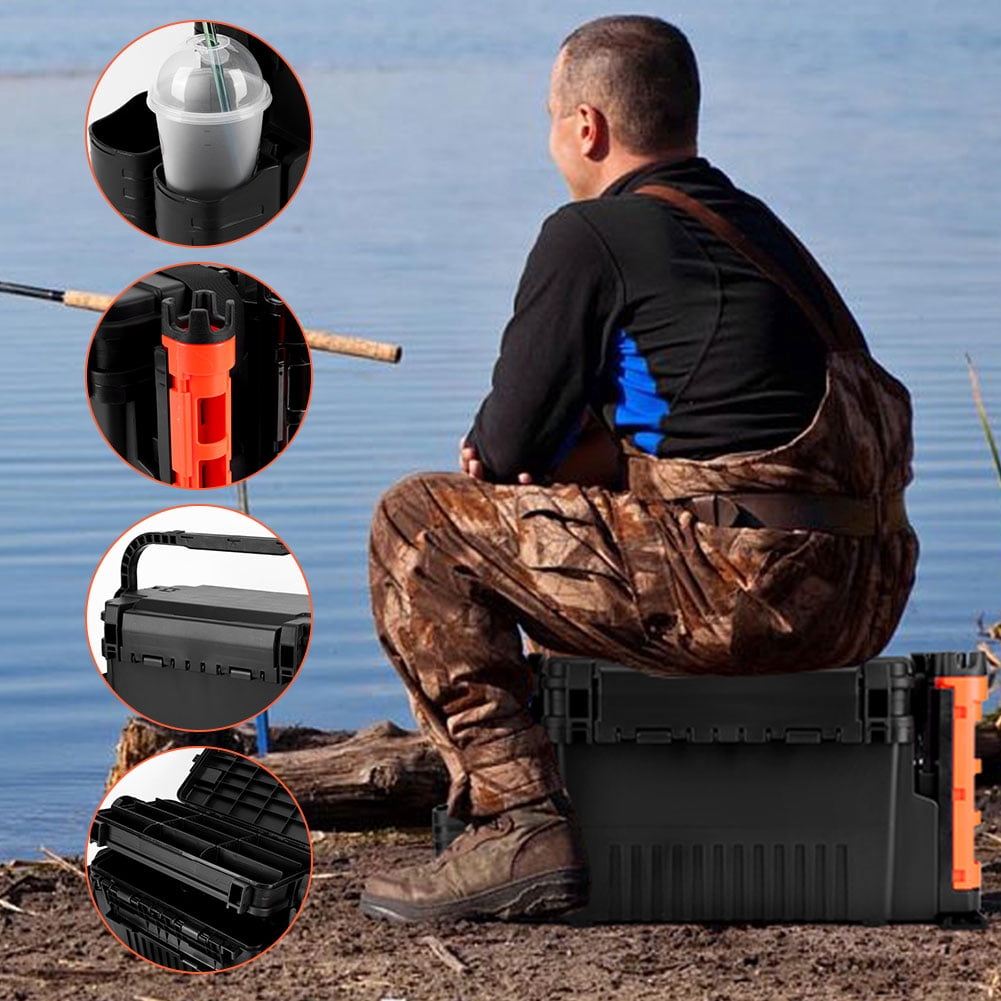 SHegdu 2 Tier Fishing Tackle Box Fishing Tackle Storage Box with Cup & Rod Holder Fishing Gear Carry Case Adjustable Fishing Organizer Case Large Capacity Fishing Accessories