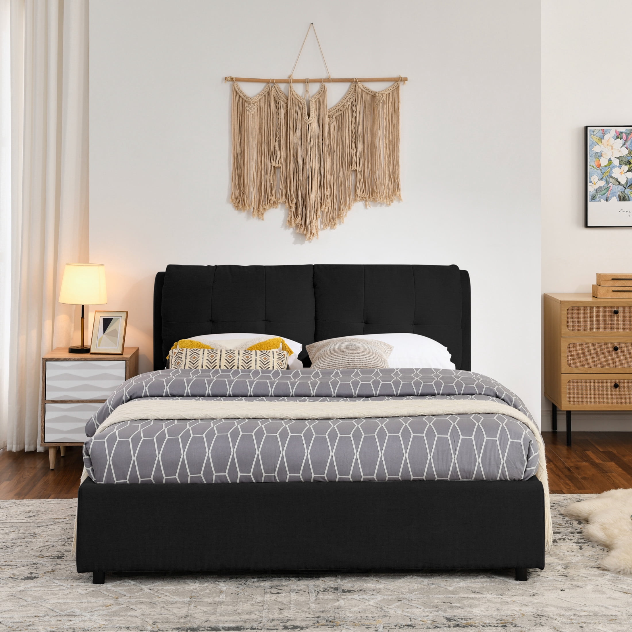 Noble House Gerret Queen Size Chenille Storage Platform Bed, Hydraulic Bed Frame with Hidden Underbed Drawer, Black