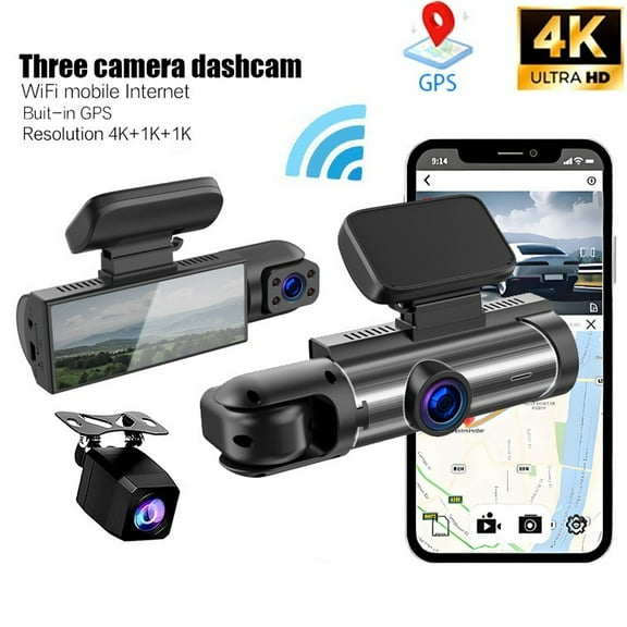 4K Dash Cam Front and Rear, 128GB Storage, Wi-Fi, GPS – 3 Channel Dash Camera for Car Recording