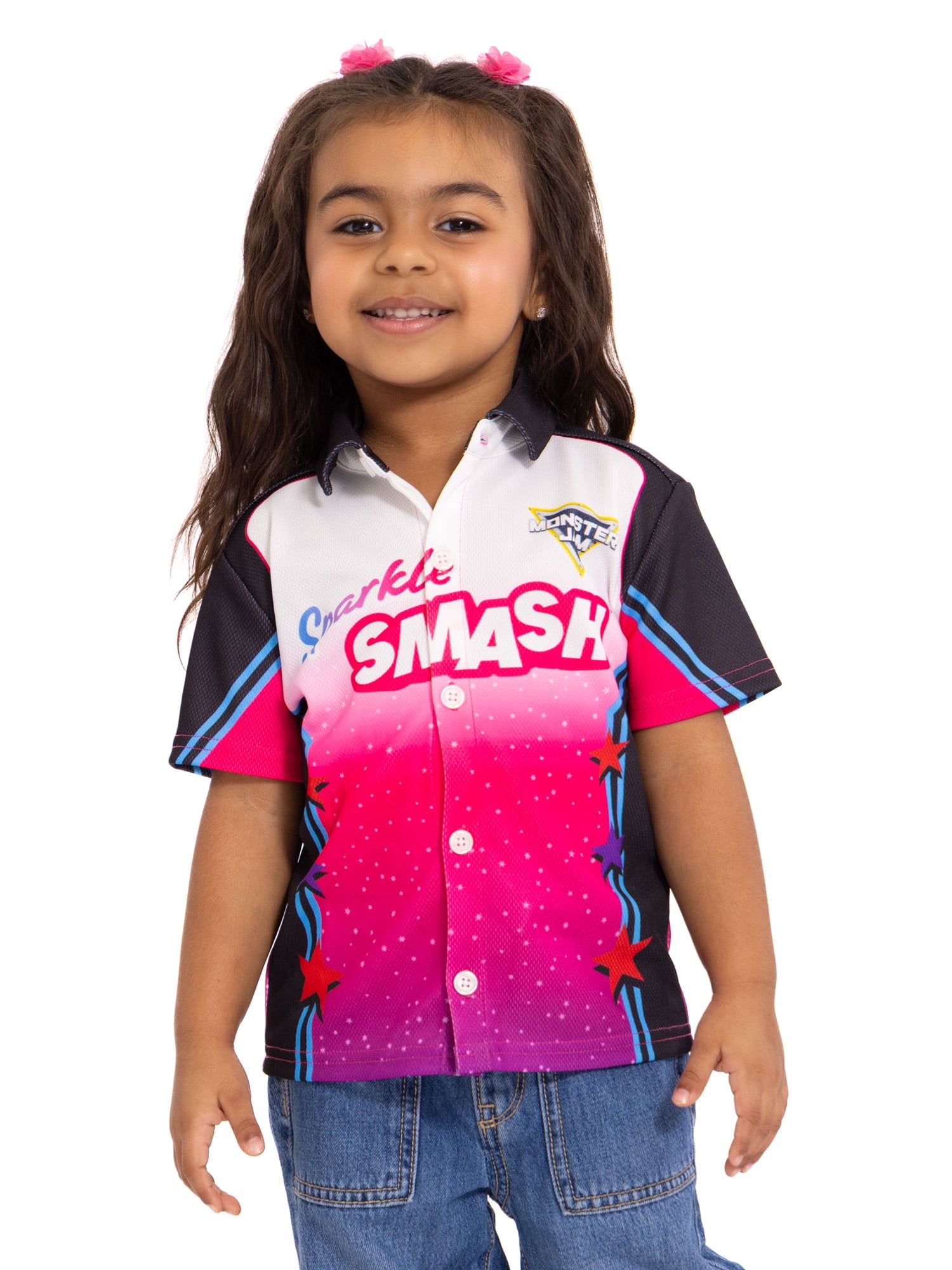 Monster Jam Sparkle Smash Toddler Boys Button Front Shirt with Short Sleeves, Sizes 12M-5T