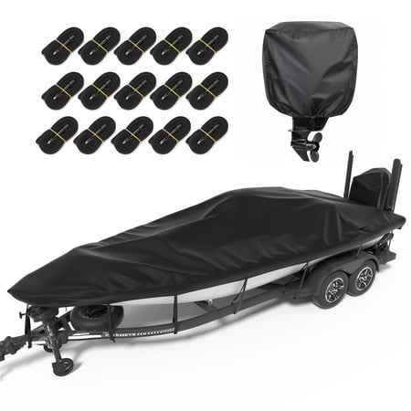 Agricasst 1200D Trailerable Boat Cover, 20-22FT Heavy Duty Waterproof Tarp Covers with Boat Motor Cover & 15 Adjustable Traps, Bass Boat Cover for V-Hull Fish Ski Pro-Style Fishing Runabout, Black