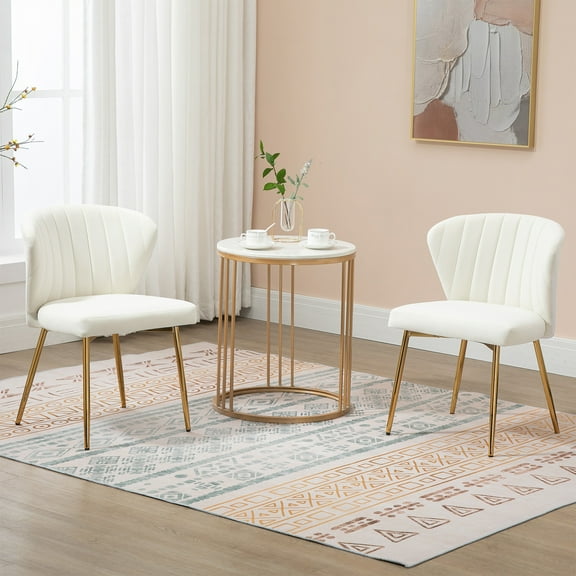 MOJAY Modern Velvet Dining Chair Set of 2, Dining Table Chair, and Living Room Chair with Tufted Backrest and Golden Legs, White