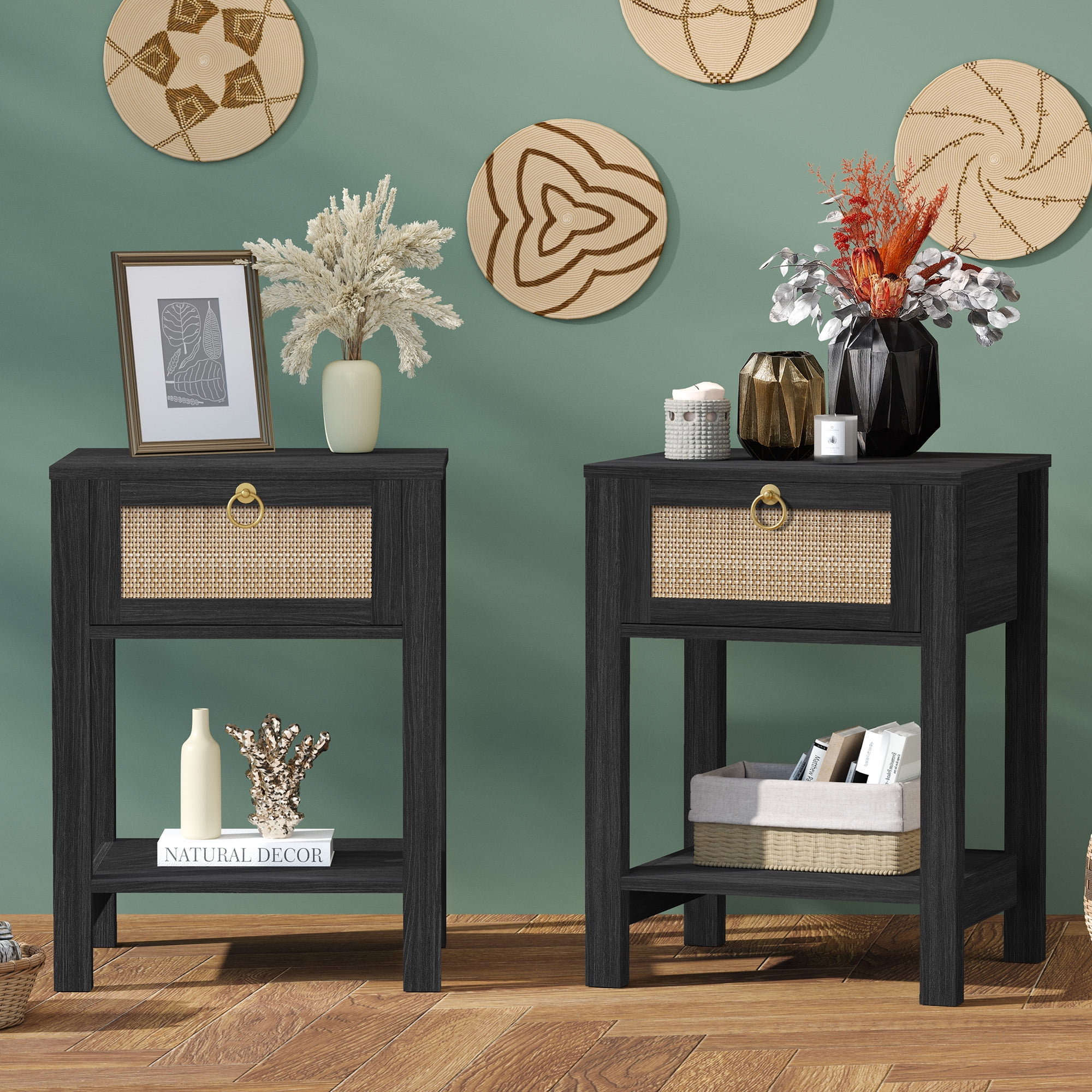 SICOTAS Rattan Nightstands Set of 2, Black Farmhouse Boho End Side Table with Drawers, Engineered Wood Accent Bedside Table for Bedroom, Living Room
