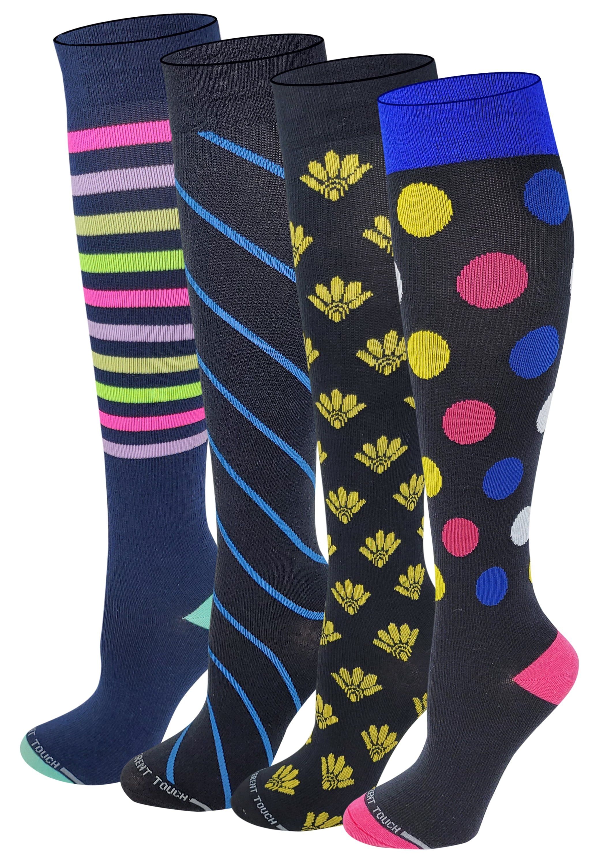 Different Touch 4 Pairs Moderate (15-20 mmHg) Therapeutic Performance, Sports, Travelers, Anti-Fatigue Cotton Stripes Compression Knee High Socks