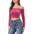 thumbnail image 1 of INSPIRAR CHIC Blusa de terciopelo corta de cuello barco y mangas largas para mujer M Rosa intenso, 1 of 5