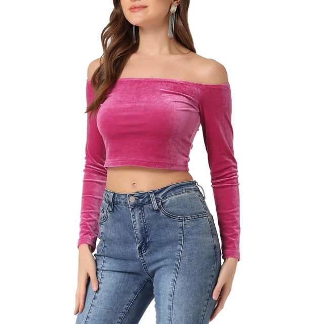 INSPIRAR CHIC Blusa de terciopelo corta de cuello barco y mangas largas para mujer M Rosa intenso