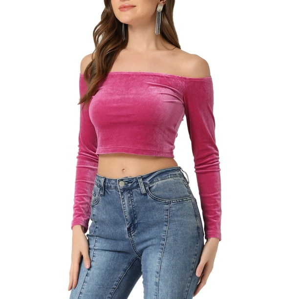 INSPIRAR CHIC Blusa de terciopelo corta de cuello barco y mangas largas para mujer XS Rosa Fucsia
