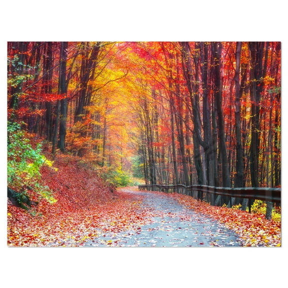 Designart 'Road in Beautiful Autumn Forest ' Modern Forest Metal Wall Art Panels