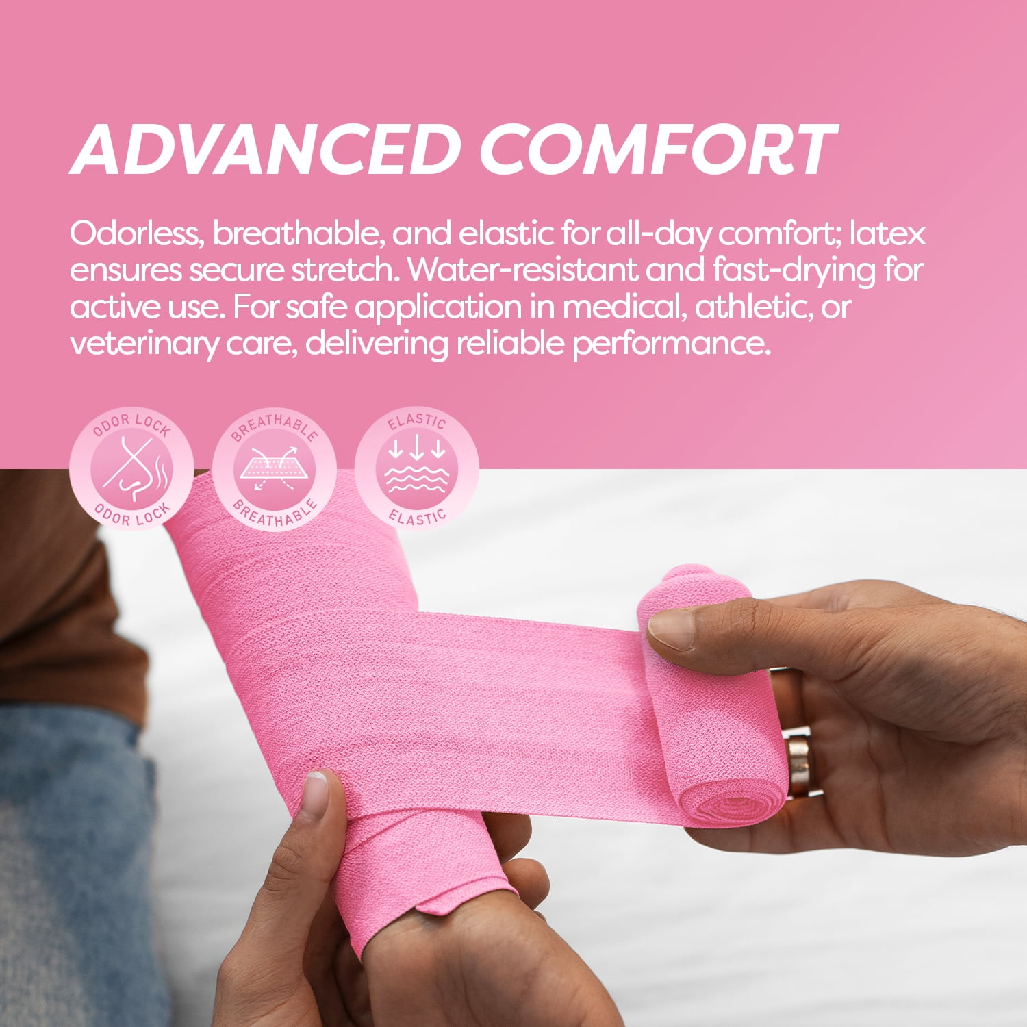 Dynarex Sensi-Wrap Self-Adhesive Bandages, 24-Pack, 3" x 5 yards, Pink, Latex-Free, Colored Elastic Cohesive Athletic Tape, Tattoo Grip & Vet Wrap