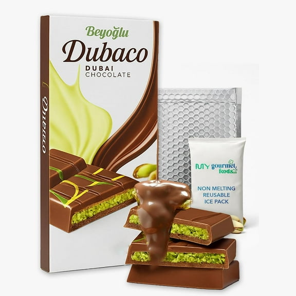 Beyoglu 200g Dubaco Pistachio Kataifi Milk Chocolate Bar  Luxury Dubai Chocolate  Ships in Cold with My Gourmet Foods Thermal Bubble Mailer with Non-Melting Ice-Brix  Gourmet Snack Made in Turkiye