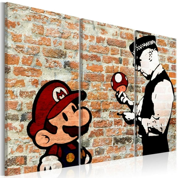 Tiptophomedecor Stretched Canvas Street Art - Banksy: Mario 3 Piece - Stretched & Framed Ready To Hang Art