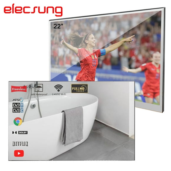 Elecsung 22 Pouces Smart Miroir LED TV Salle de Bain Spa Bluetooth WiFi 1080P Douche Étanche Télévision Nouveau