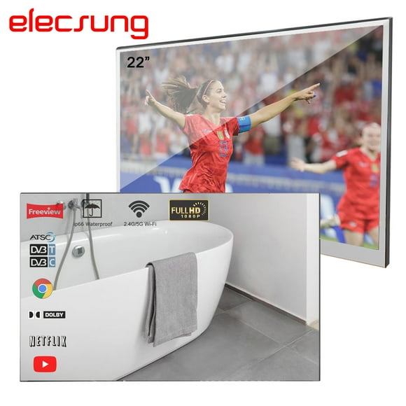 Elecsung 22 inches Smart Magic Mirror LED TV Bluetooth WiFi 1080P Waterproof Shower Television for Boat Bathroom Spa New