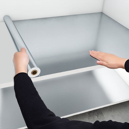 Waterproof PVC Vinyl Wallpaper, 40cm Stainless Brushed Silver Removable Film, Oil-Proof for Kitchen and Appliances
