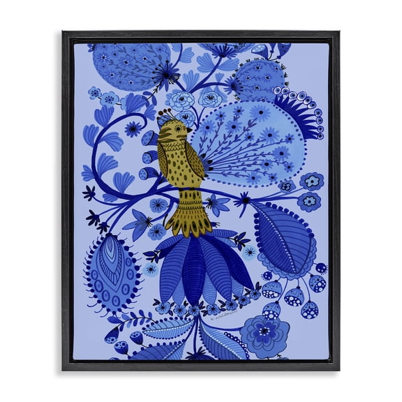 Stupell Industries Folk Inspired Whimsical Bird Animals Painting Black Floater Framed Canvas Art Print Wall Art, 17 x 21