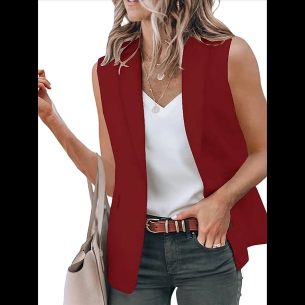 Chaleco Blazer Sin Mangas para Mujer, Informal, con Abertura Frontal, un Botón, Chaqueta de Verano con Bolsillos. Vino Tinto XL