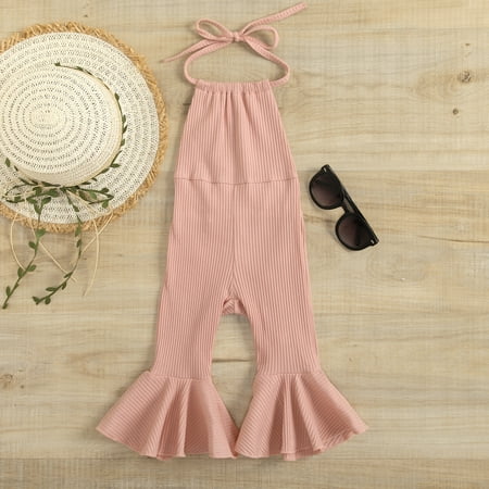

Baumaty Toddler Kids Girls Romper Solid Color Ribbed Sleeveless Halter Jumpsuit Summer Backless Flare Pants One-Piece Clothes