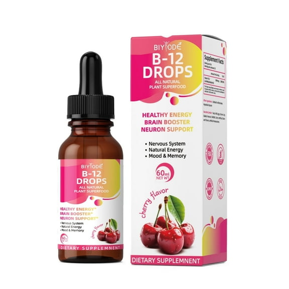 Vitamin B12 Liquid Drops Cherry Flavor 60mL - Vegan Energy Boost & Brain Support for Nervous System Health