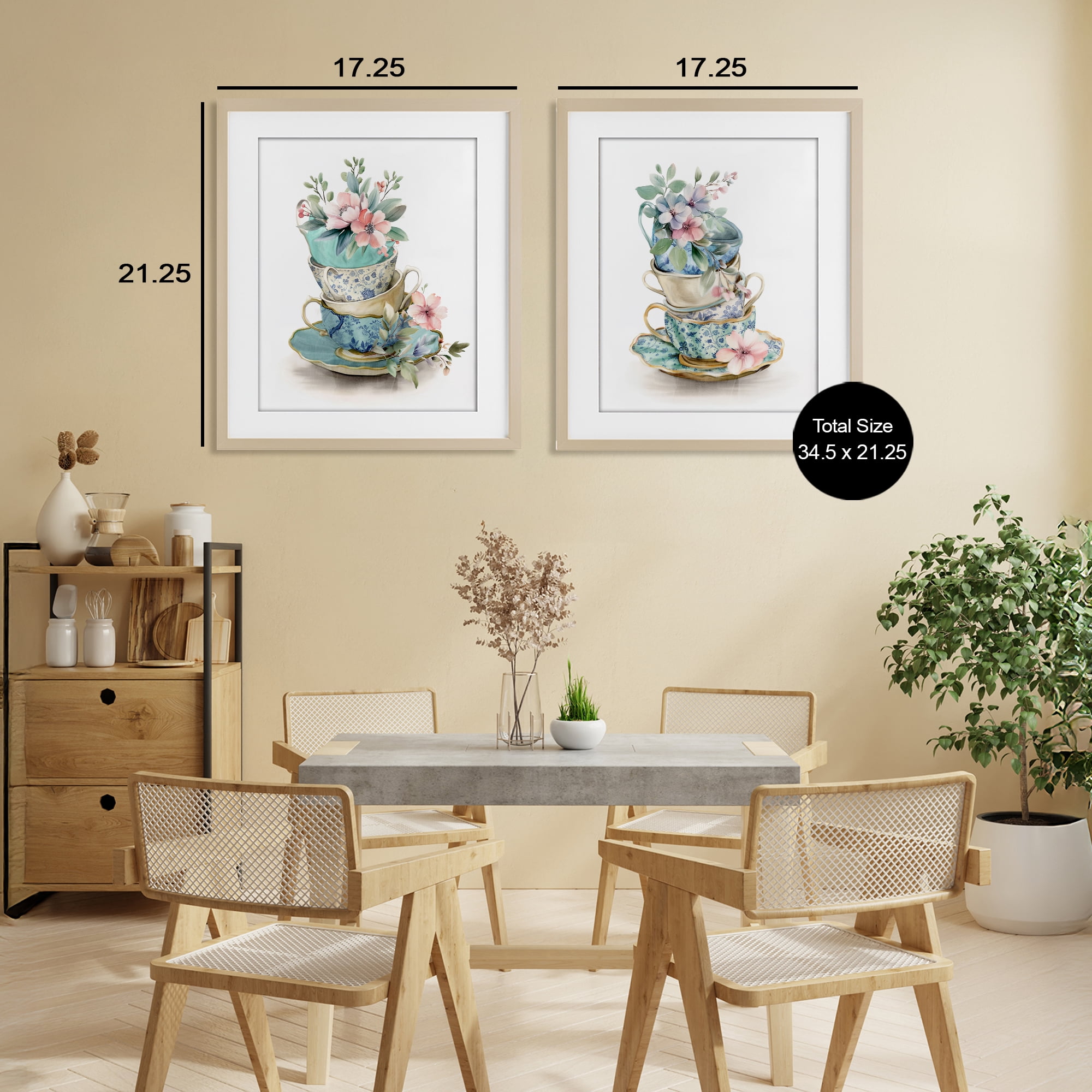 Stupell Industries Stacked Teacup Chinoiserie 2 Piece Birch Framed Print Under Glass Set, design by Kim Allen
