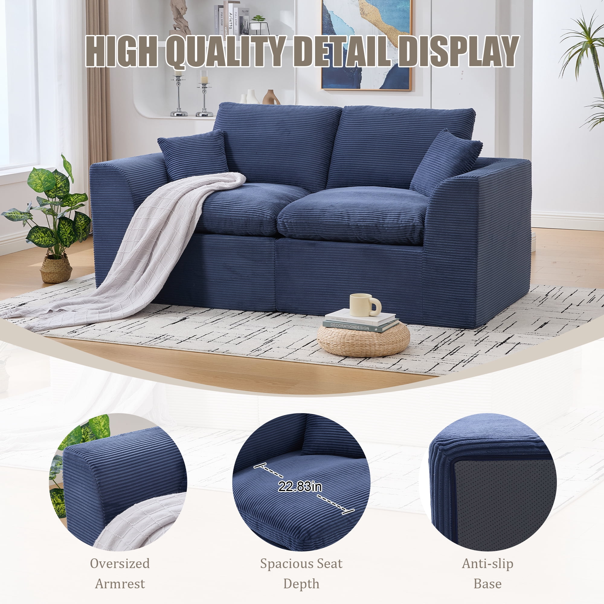 MOONMISS 80.3" Oversized Modular Sofa, Upholstered Corduroy 2 Seat Deep Seat Cloud Couch for Living Room Bedroom, No Assembly Required,Blue