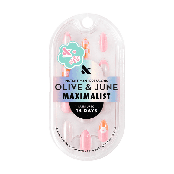 Olive & June   Bubble Instant Mani Medium Almond Press-on Nails, Chrome Flower Mixed Pack, 42 Pieces