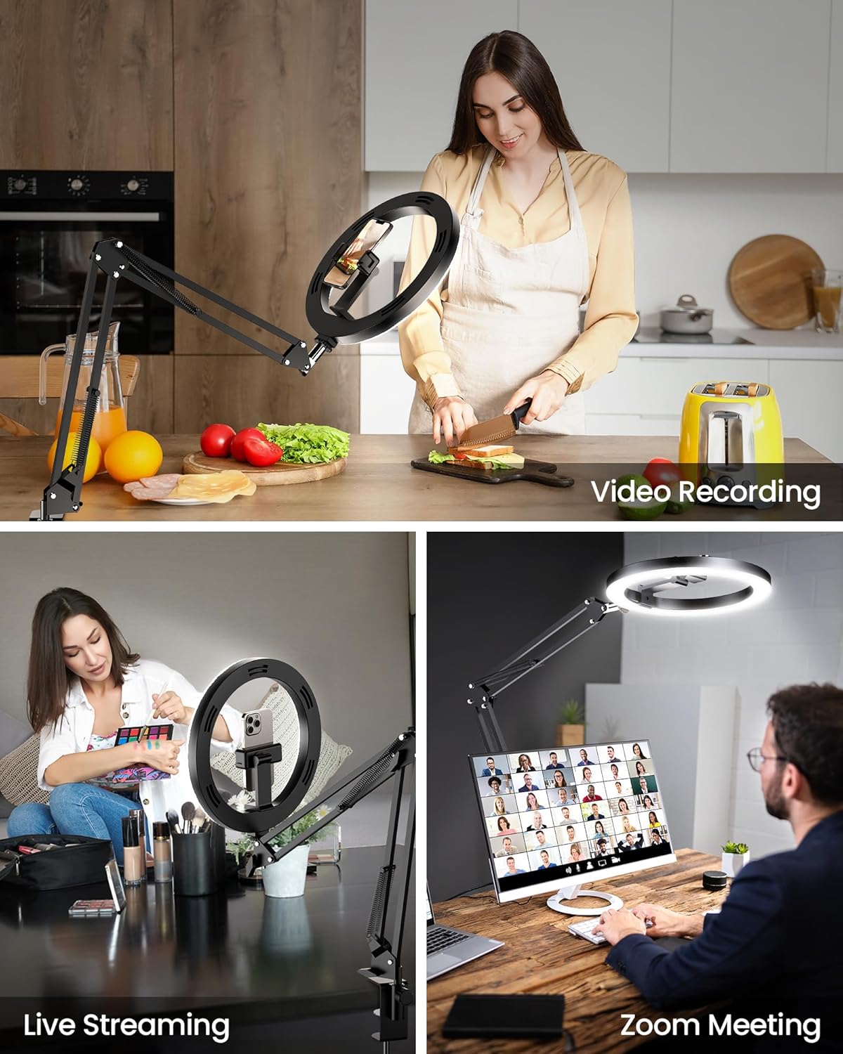 Upgrade Ring Light Overhead Camera Phone Mount for Desk, 10” Selfie Light with Stand Tripod for iPhone, Light with Phone Holder for Video Recording,Zoom Meeting,Live Streaming Tiktok,YouTube