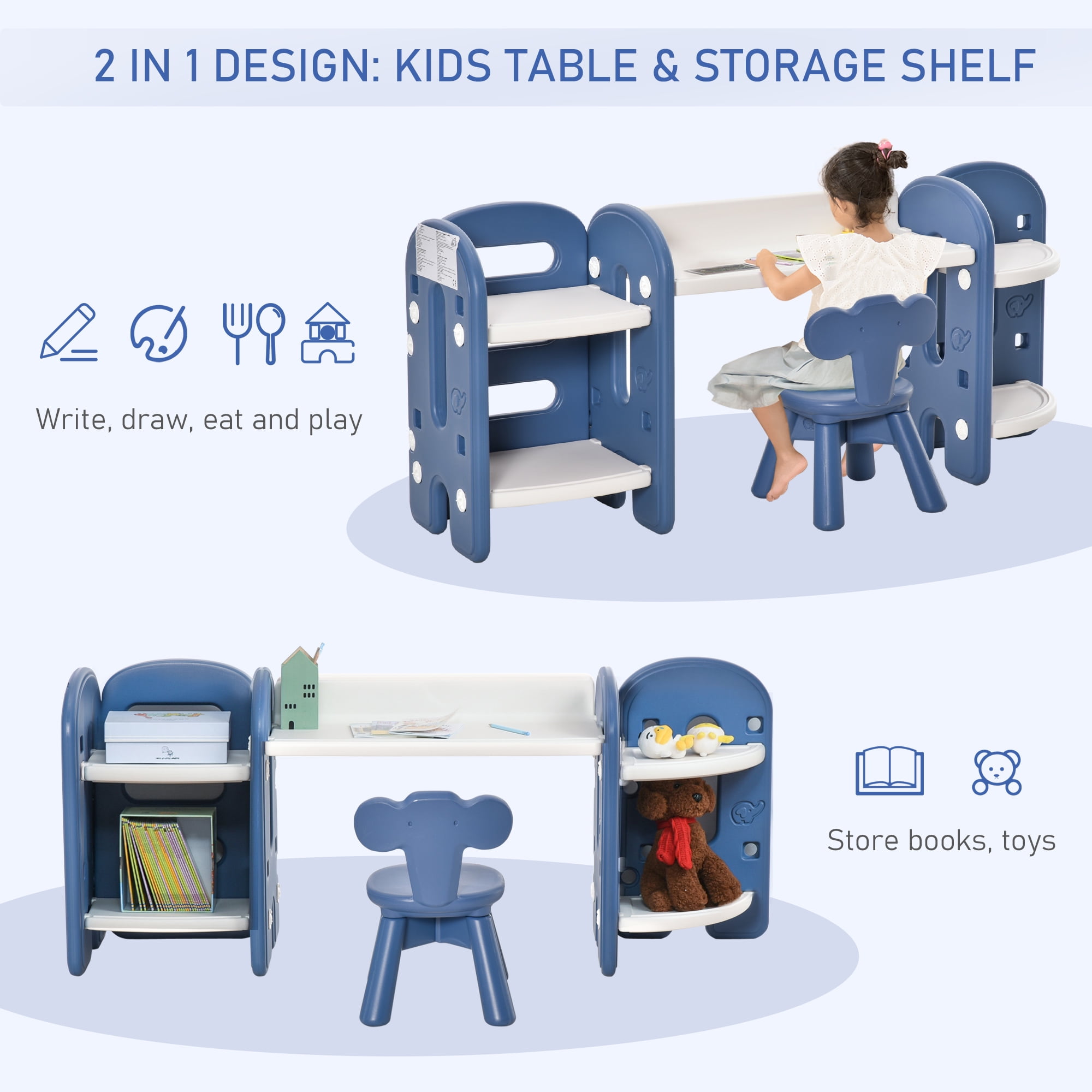 Qaba 3-Piece Kids Table and Chair Set Writing Desk with Storage Boxes Hollow Star Design for Toddler Activities 2-4 Years Old White