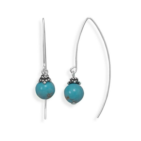 - Long Curved Wire Earrings with Reconstituted Turquoise Bead Drop Sterling Silver