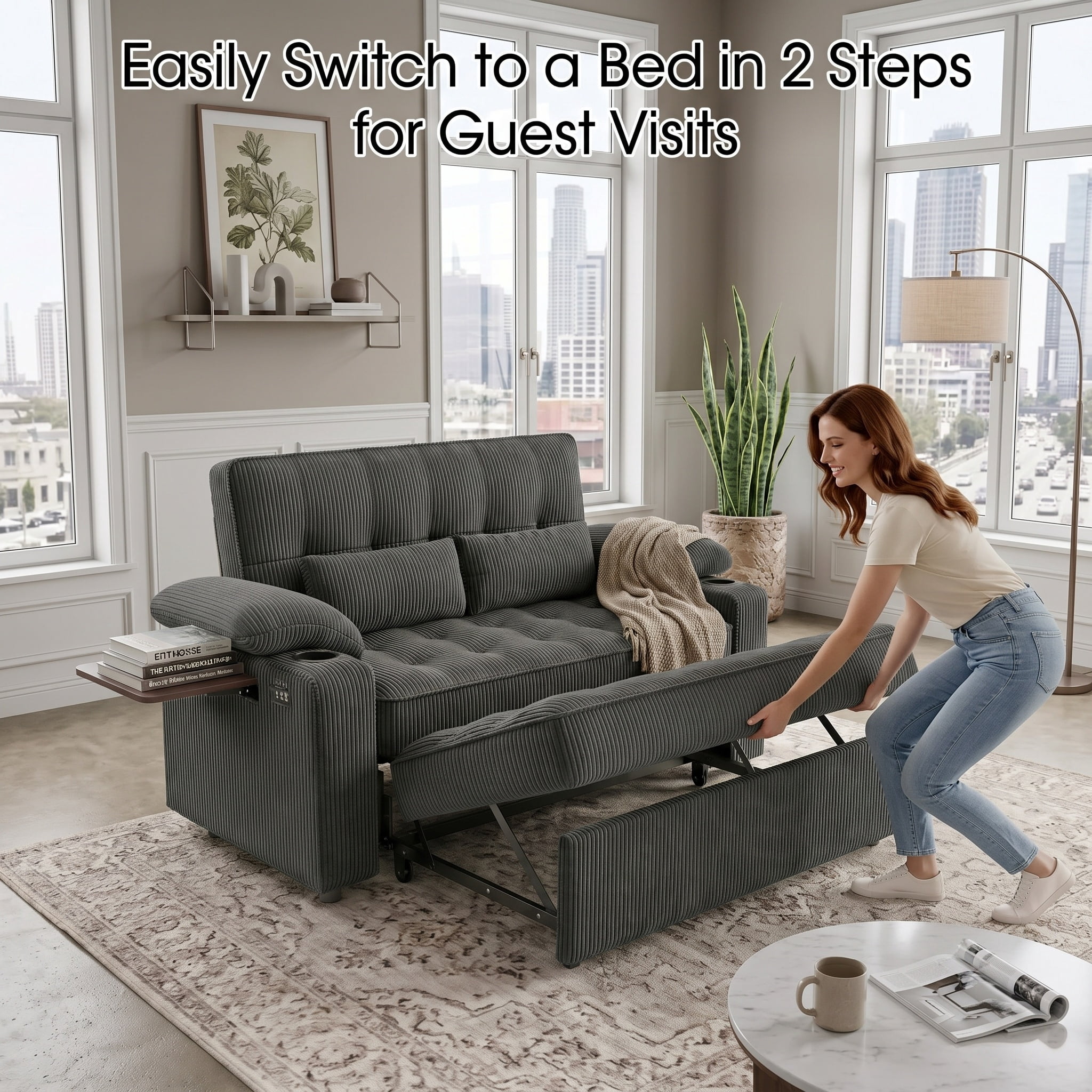 58" Sleeper Sofa Bed, Convertible Pull Out Couch Bed Corduroy Loveseat with Adjustable Backrest, USB Charging Ports, Cup Holders & Foldable Side Table for Living Room Apartment,Dark Grey