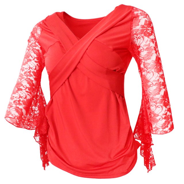Prettyia Ballroom Flamenco Latin Dance Practice Blouse Tops Stage Dancewear Red