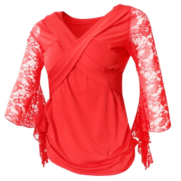 Salón Fmenco Blusa Baile cuadrado Cuello en V Manga de encaje Tops Mujer Ropa Disfraces rojo Macarena Top de práctica de salón de baile