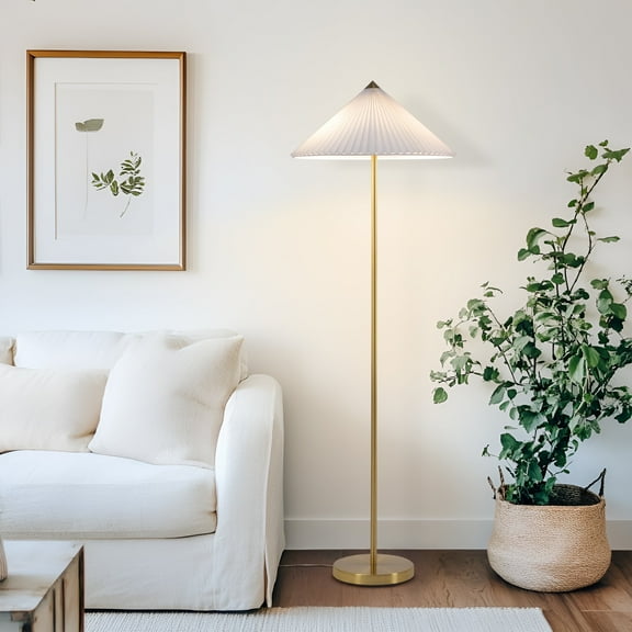 Sienna 62" Japandi-Inspired LED Gold Floor Lamp with White Pleated Cone Shade