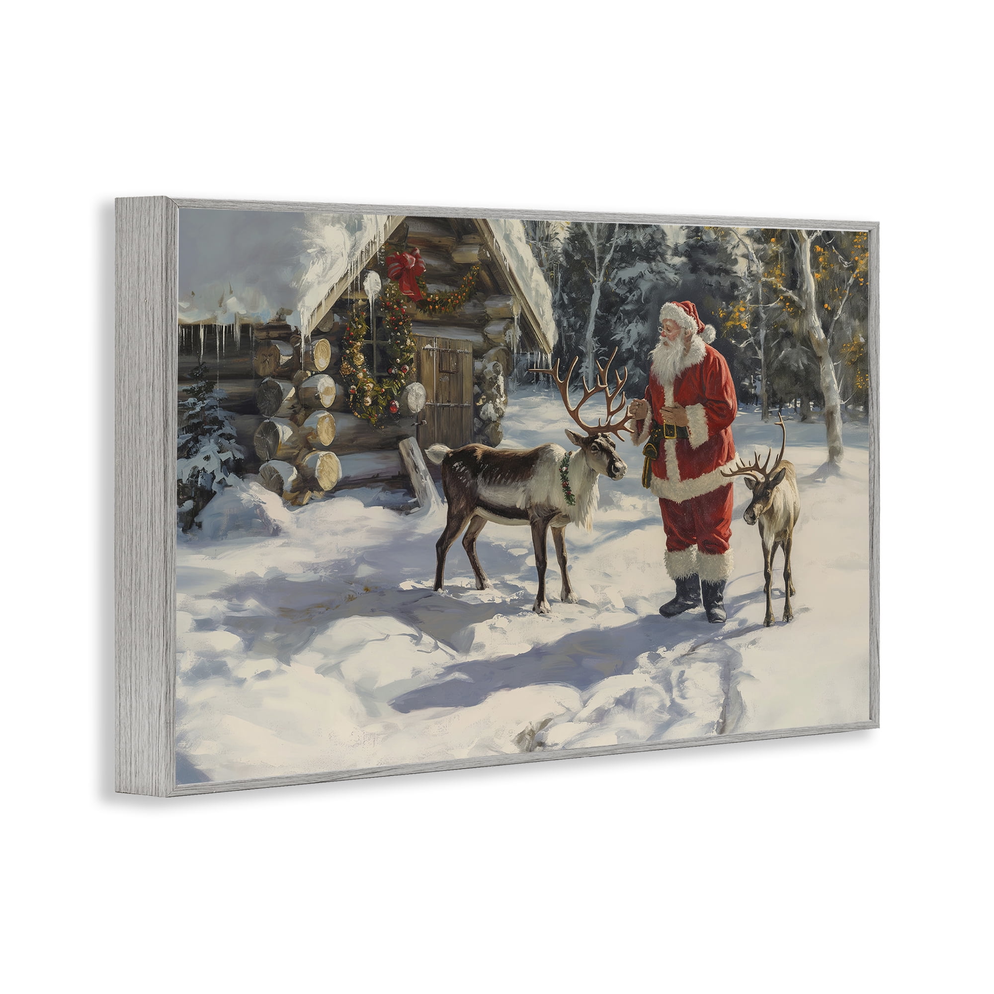 Stupell Industries Santa & Reindeer Scene Holiday Painting Gray Framed Art Prints Wall Art, 18 x 12