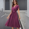 thumbnail image 7 of CIENVNSTG Womens Dresses Mid Length Dresses a Line Vestidos Slim Fit V Neck Short Sleeve Tight Waist Elegant Splice Lace Up Bow Summer Dress Cover Up Formal Purple S, 7 of 7