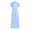 thumbnail image 4 of Short Sleeve Turn Down Collar Lapel Hollow Out Lace Vest and Wide Leg Pants Two Piece Outfit Women Summer Solid Color Blue L, 4 of 5