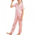 thumbnail image 3 of Uccdo Big Boys Girls Pajamas Sets, Kids Satin Silk Sleepwear Set, Little Gilrs Boys Short Sleeve Pajamas Sets, Children Button Down Tops+Sleep Pants 6-13Y, 3 of 4