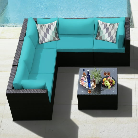 Gymax 6PCS Rattan Patio Sectional Sofa Conversation Set Outdoor w/ Turquoise Cushions