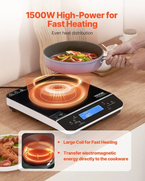 Portable Induction Cooktop 1500W Electric Burner 9 Temperature Settings 4H Timer 24H Reservation Child Lock Easy Clean Countertop Hot Plate