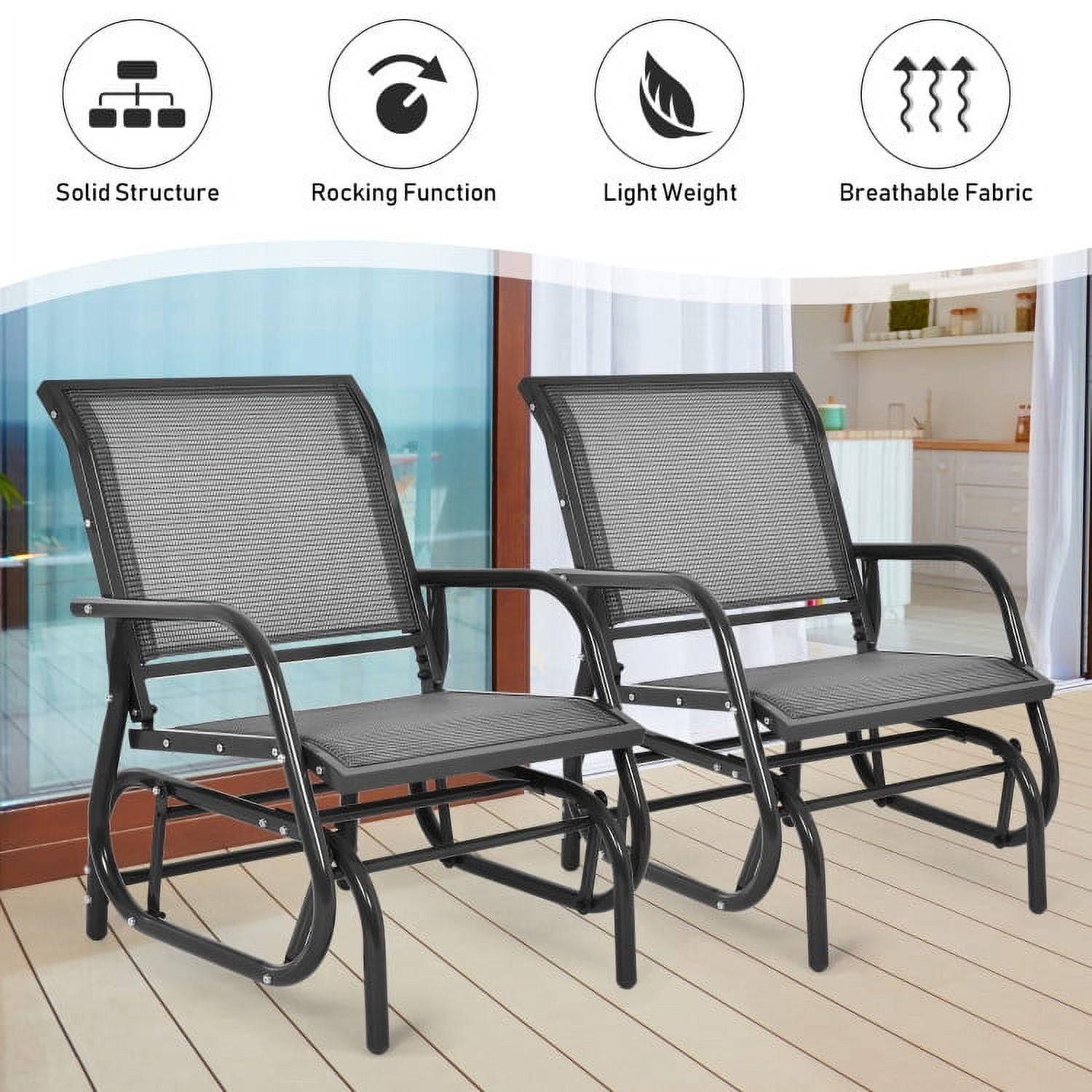 Spaco Outdoor Single Swing Glider Rocking Chair with Armrest-Brown, Outdoor Glider Rocking Chair Cushion Lawn for Porch,Backyard,Indoor and Garden, Gray