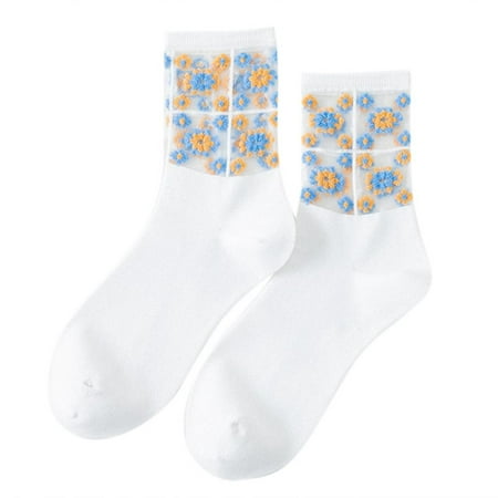 

YESTUNE Women Daisy Floral Patchwork Ankle Socks Transparent Mesh Jacquard Tube Hosiery