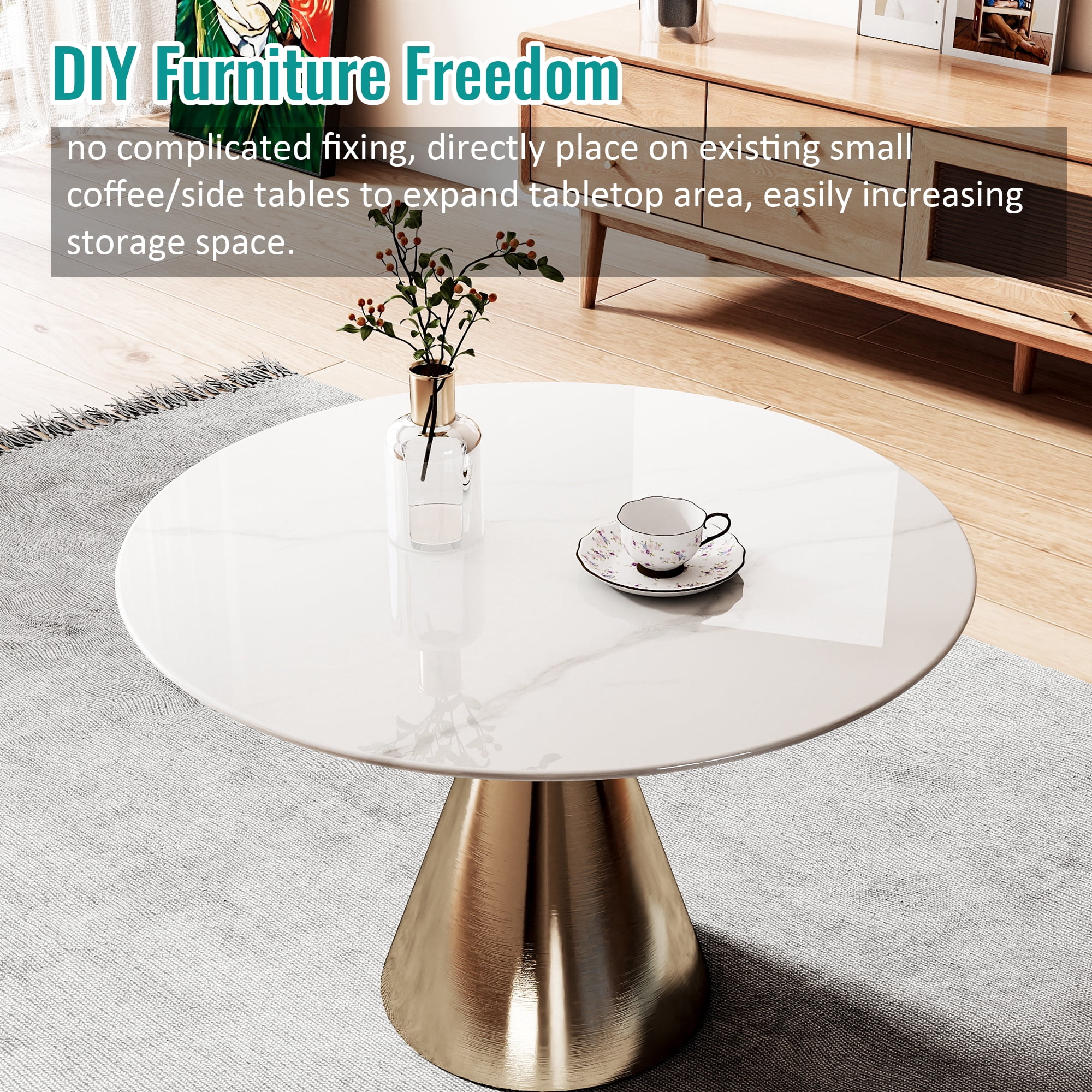 Round Glass Table Top, 32 Inch Marble Pattern Tempered Glass Replacement Desktop for Indoor Outdoor Patio Home Furniture, White