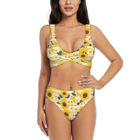 Zeuib Striped Sunflower Daisy High Waisted Tummy Control Bikini Set - Knot Front Push Up Top & Cheeky Thong Bottom  Two-Piece Swimsuit for Women-X-Large
