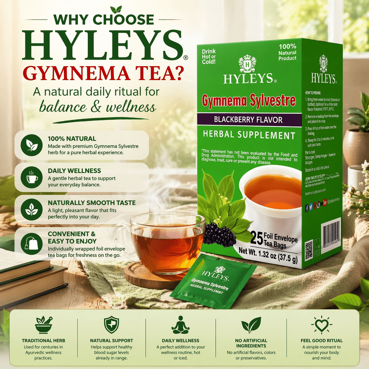 Hyleys Gymnema Sylvestre Tea - Green Tea Bags - 25 ct - Blood Sugar Support - 300 Tea Bags (12 Pack)