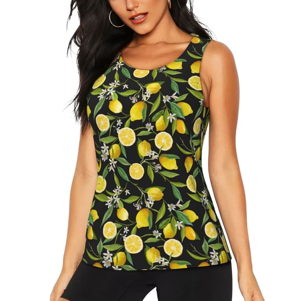 Fotbe Lemon Fruits Flowers Leaves Blusas Sin Mangas para Mujer – Estilo Casual, Corte Suelto, Slim-Fit, Cuello Redondo Deportivo, Tops de Verano para Gimnasio y Yoga-Large