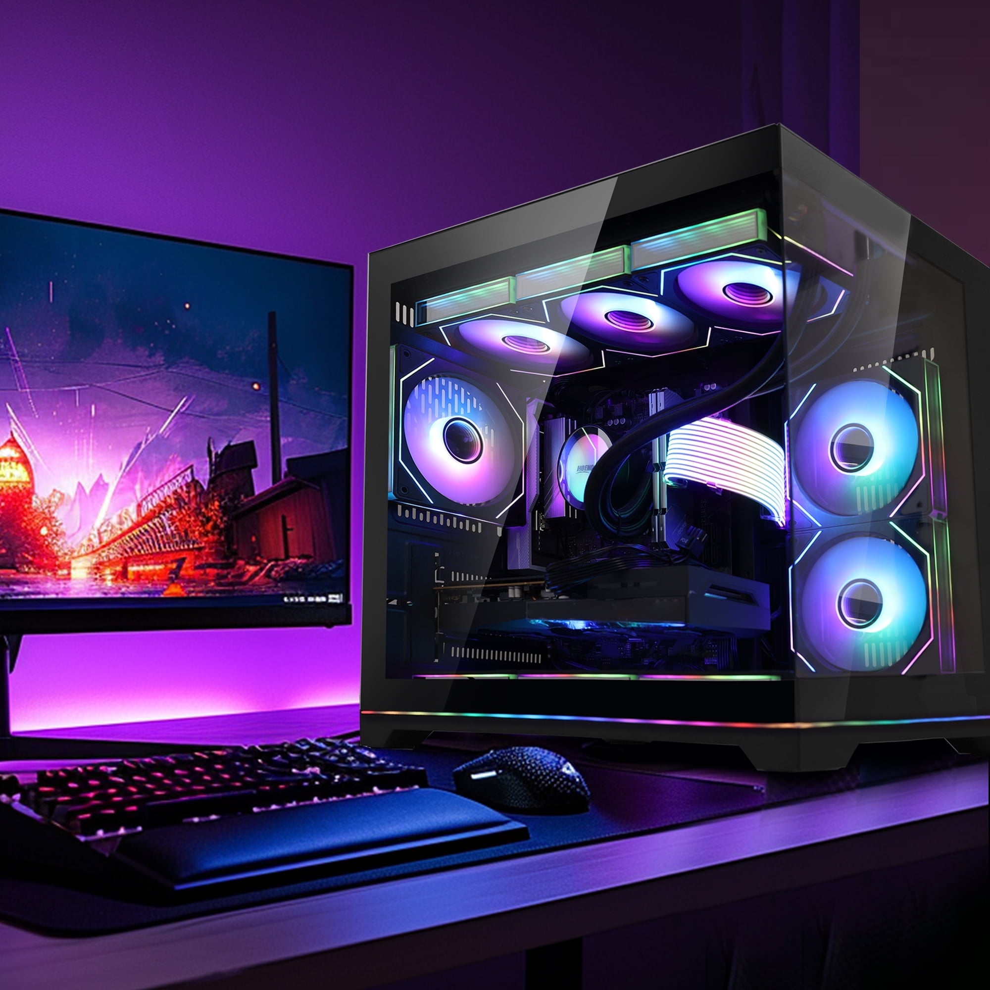 Hoengager RTX 5070 12G Gaming PC -AMD Ryzen 7 9700X, 32GB DDR5 RAM, 1TB PCIe and 1TB SATA SSD, 850W PSU, 360 RGB Liquid Cooler, Windows 11-Ocean Park